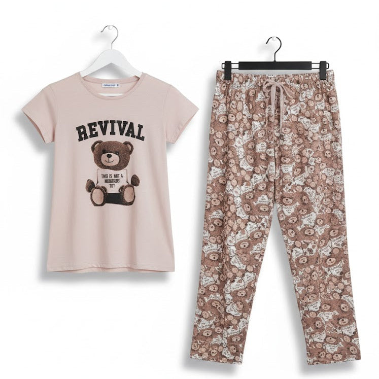 Women's Teddy Bear Graphic Pajama Set W552 - TUZZUT Qatar Online Shopping