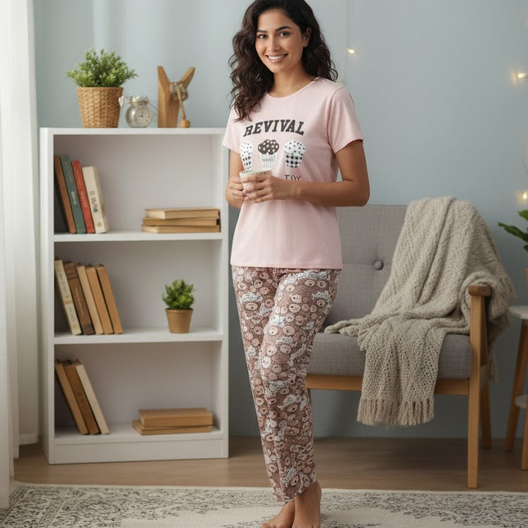 Women's Teddy Bear Graphic Pajama Set W552 - TUZZUT Qatar Online Shopping