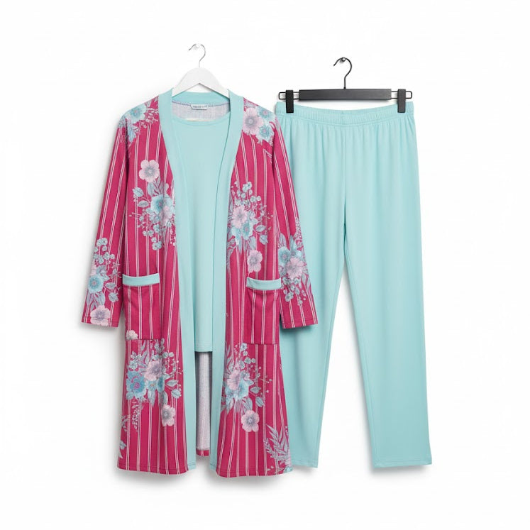Women's Sleepwear Long-Sleeve Cardigan and Solid Aqua Sleep Set W854 Women's Sleepwear Long-Sleeve Cardigan and Solid Aqua Sleep Set W854