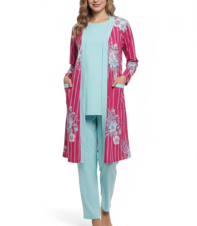Women's Sleepwear Long-Sleeve Cardigan and Solid Aqua Sleep Set W854 Women's Sleepwear Long-Sleeve Cardigan and Solid Aqua Sleep Set W854