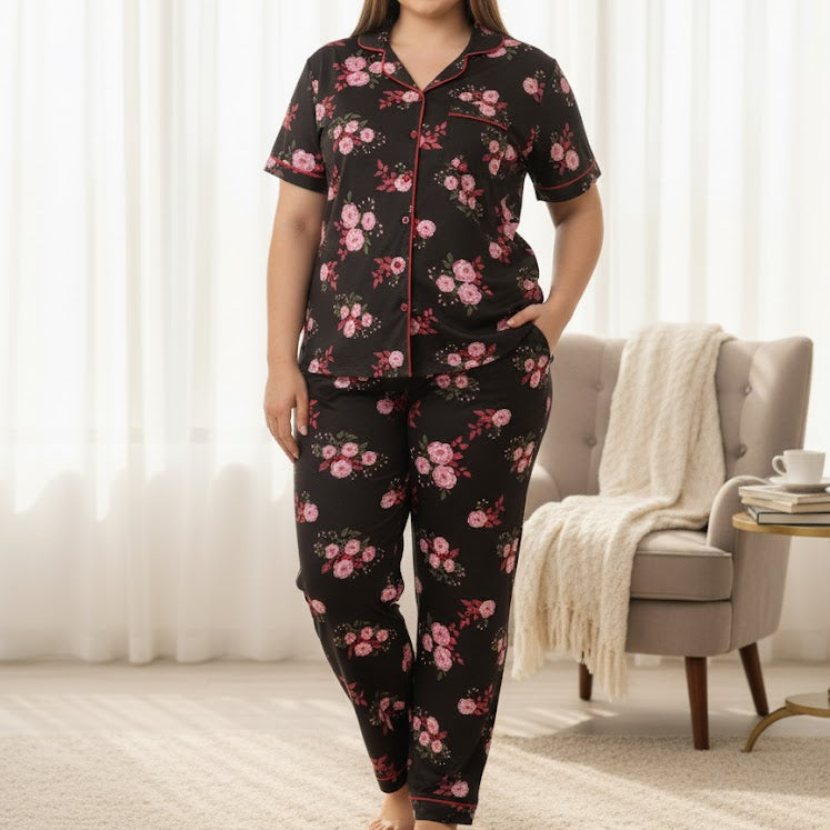 Women's Button-Front Floral Sleepwear Pyjama Set W101 Women's Button-Front Floral Sleepwear Pyjama Set W101