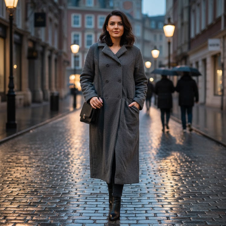 Women's long grey double-breasted Winter Coat S4380911 - TUZZUT Qatar Online Shopping