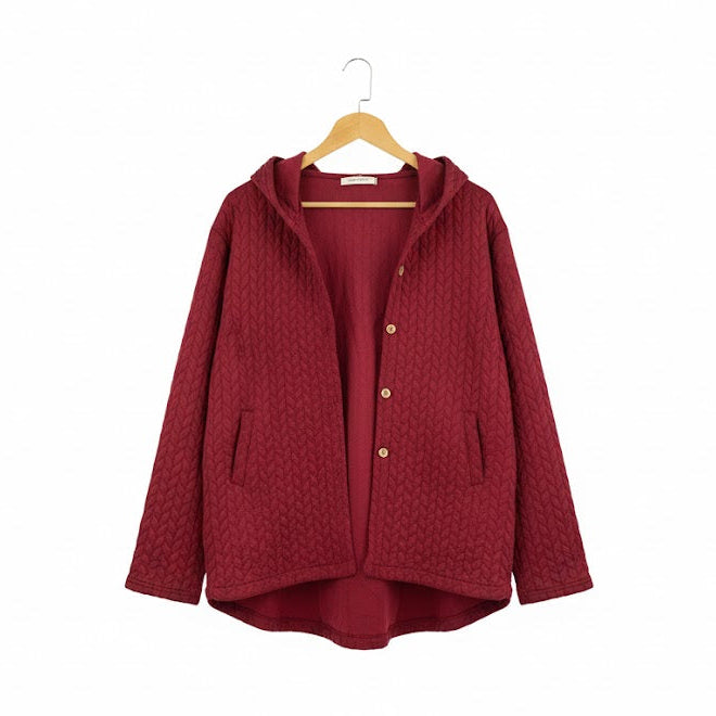 Women's Red Quilted Hooded Cardigan Sweater B-367567 Women's Red Quilted Hooded Cardigan Sweater B-367567