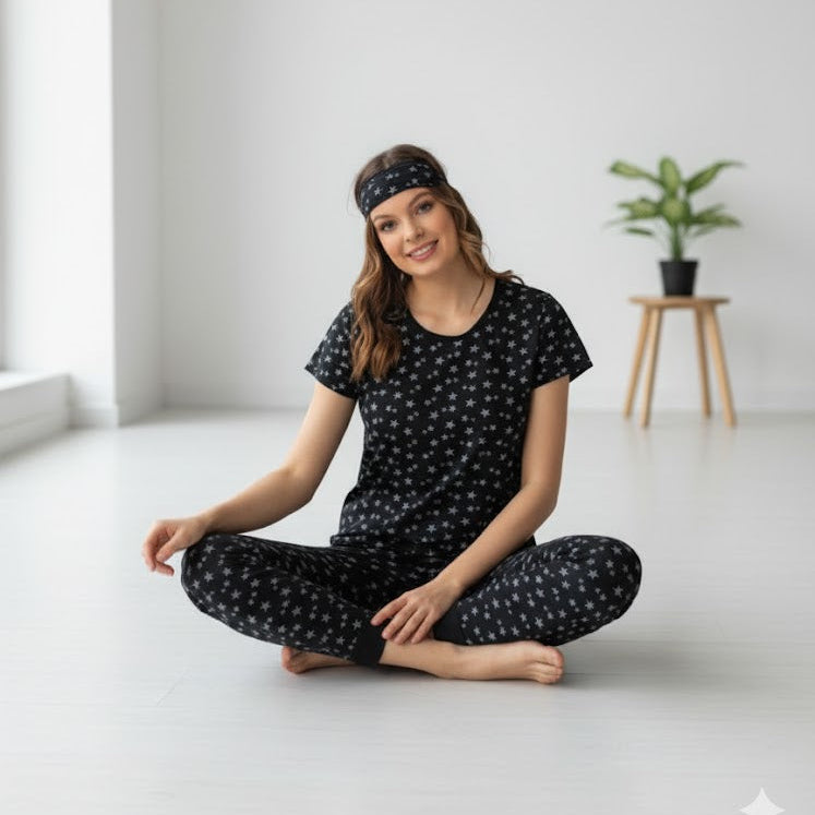 Women's Black Star-Print Comfort Loungewear Set W663 - TUZZUT Qatar Online Shopping