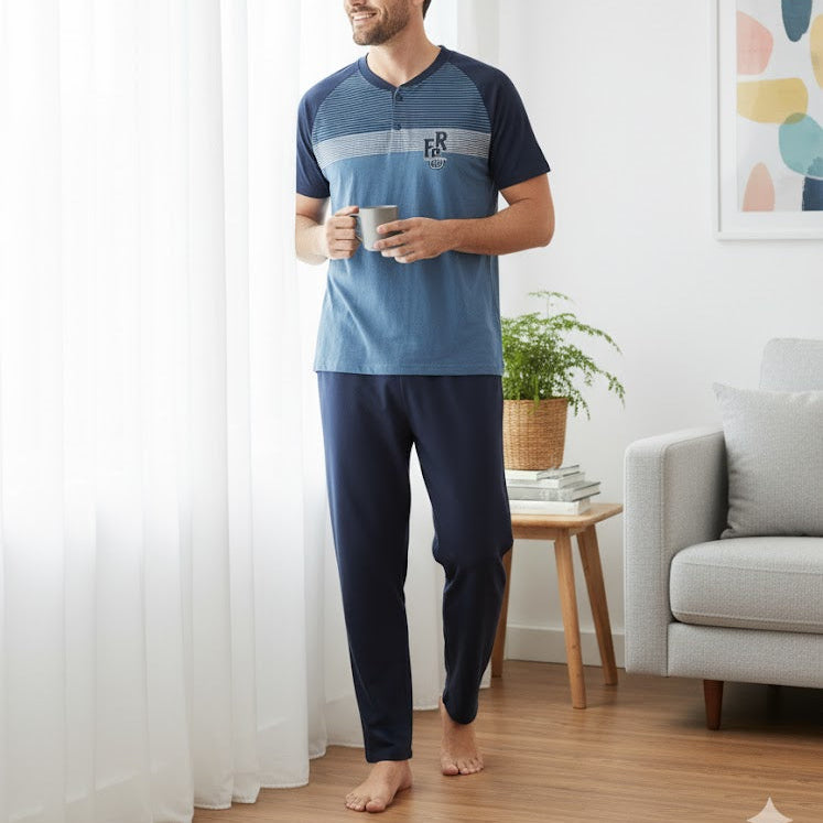 Men's short-sleeve henley shirt with blue stripes S7874500