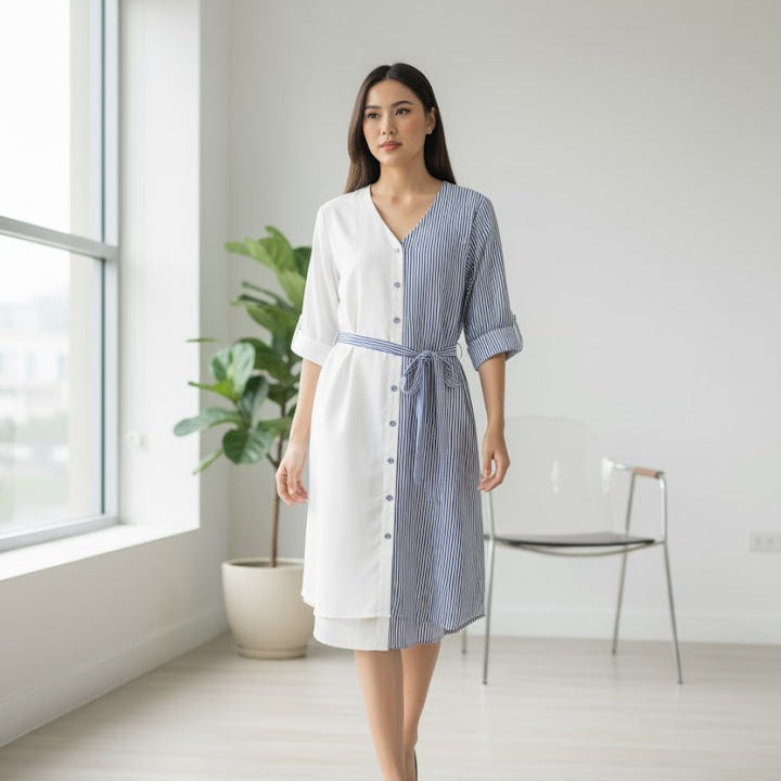 Women's Striped & Solid Shirtdress 788890 - TUZZUT Qatar Online Shopping
