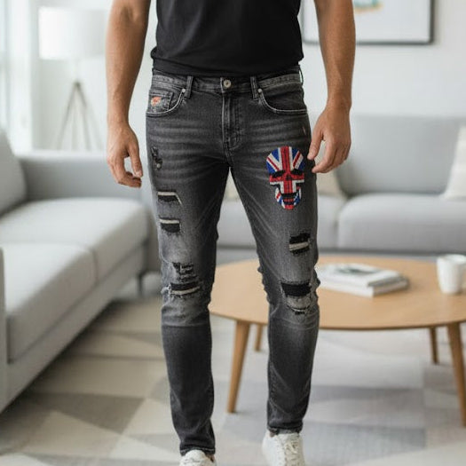 Men's Denim with Union Jack Skull Patch Jeans S1122240 Men's Denim with Union Jack Skull Patch Jeans S1122240