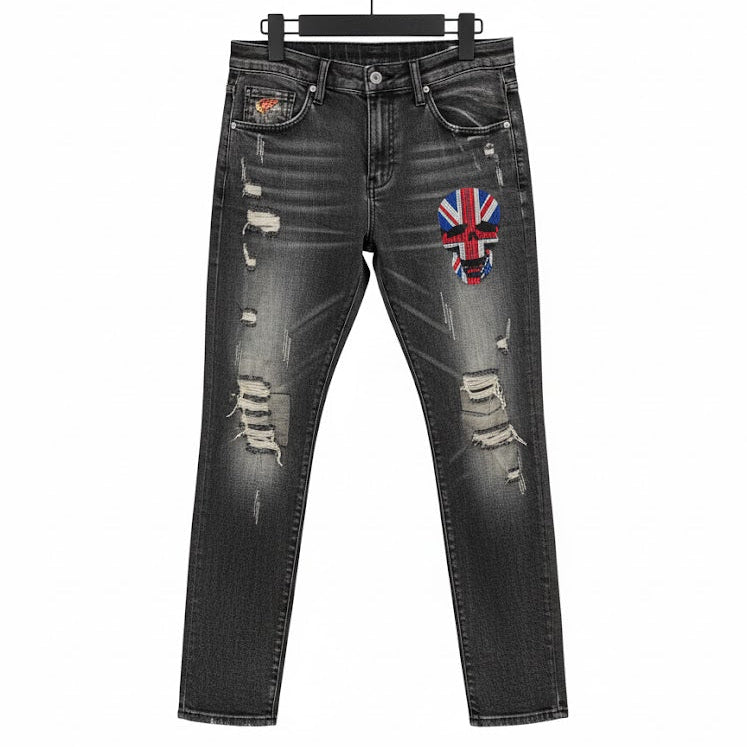 Men's Denim with Union Jack Skull Patch Jeans S1122240