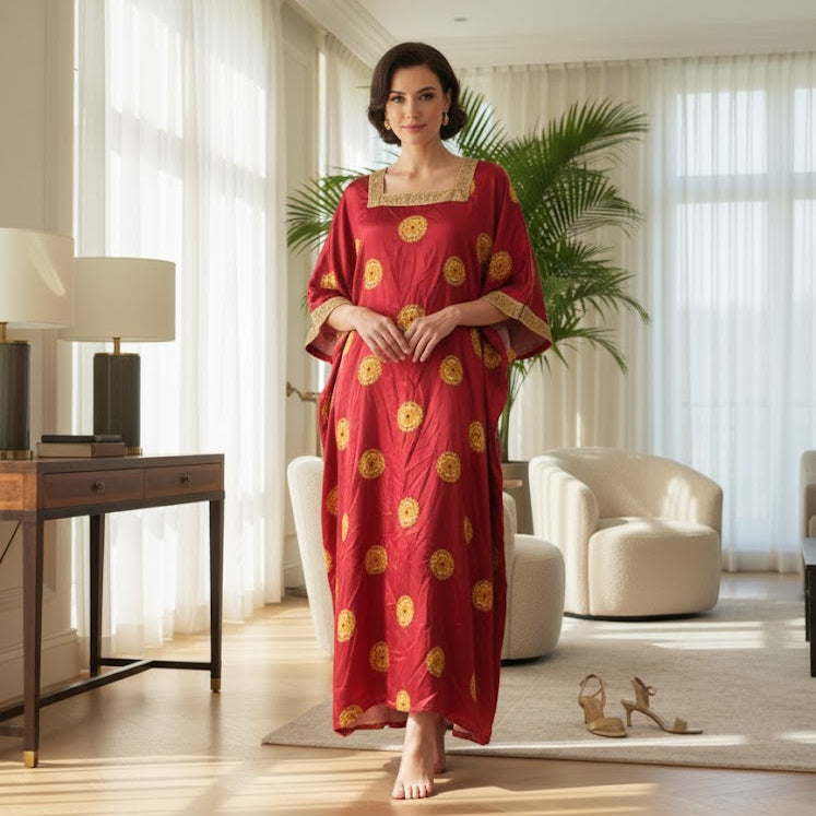Women's Maroon Dress with Gold Medallion Print B-173603 Women's Maroon Dress with Gold Medallion Print B-173603