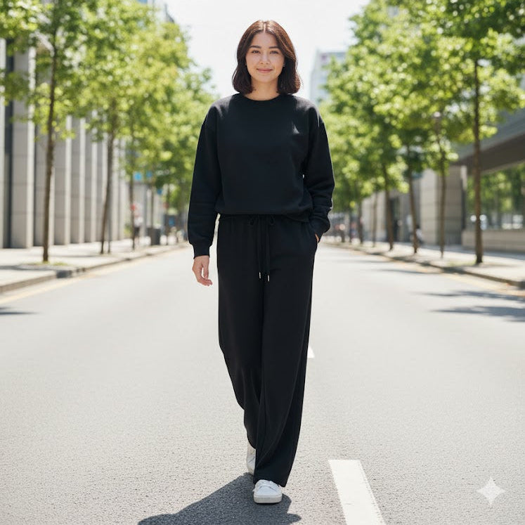 Women's Monochrome Versatile Black Sweat 2pc Set 556333 - TUZZUT Qatar Online Shopping