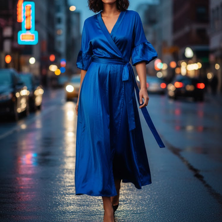 Women's Cobolat Blue Satin Long Dress 118196 - TUZZUT Qatar Online Shopping