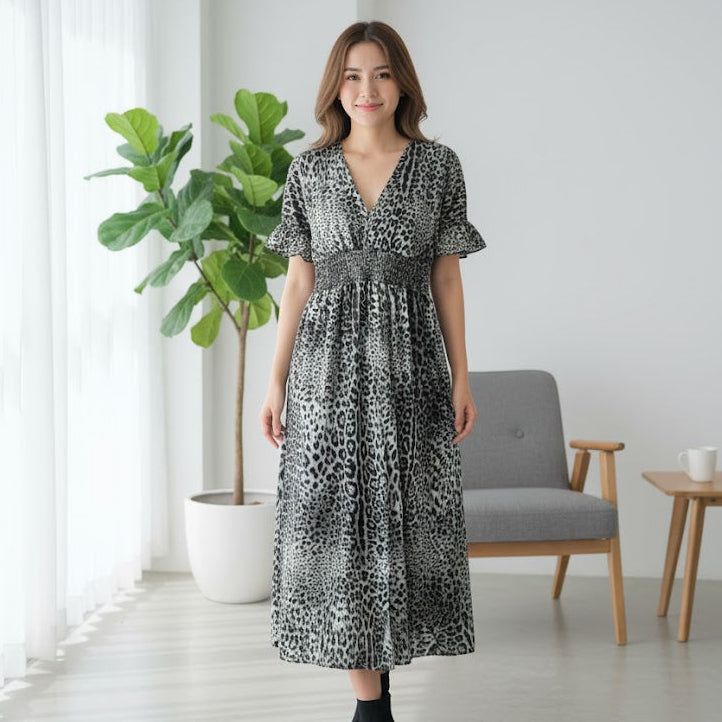 Women's Leopard Print Smocked Midi Dress 4557879 Women's Leopard Print Smocked Midi Dress 4557879