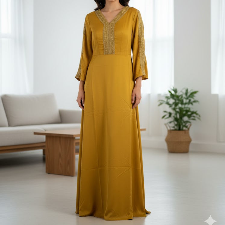 Women's Mustard Yellow Embellished Gown 844081 - TUZZUT Qatar Online Shopping