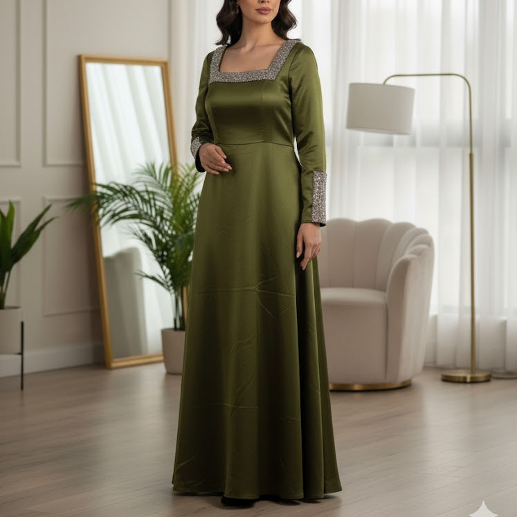 Women's Olive Green Shimmer Gown with Sequin Embellishments Party Wear Dress 656102 Women's Olive Green Shimmer Gown with Sequin Embellishments Party Wear Dress 656102