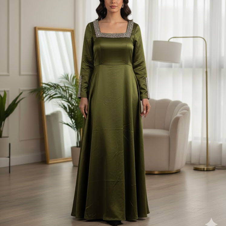 Women's Olive Green Shimmer Gown with Sequin Embellishments Party Wear Dress 656102 Women's Olive Green Shimmer Gown with Sequin Embellishments Party Wear Dress 656102
