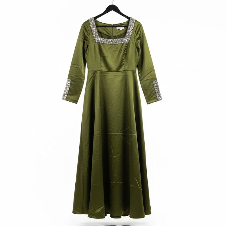 Women's Olive Green Shimmer Gown with Sequin Embellishments Party Wear Dress 656102 - TUZZUT Qatar Online Shopping