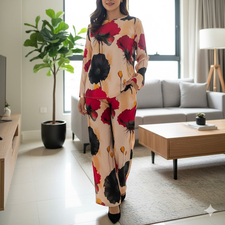 Women's Red and Black Poppy Print Two-Piece Ensemble 54001996 - TUZZUT Qatar Online Shopping