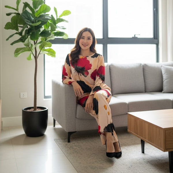 Women's Red and Black Poppy Print Two-Piece Ensemble 54001996 - TUZZUT Qatar Online Shopping