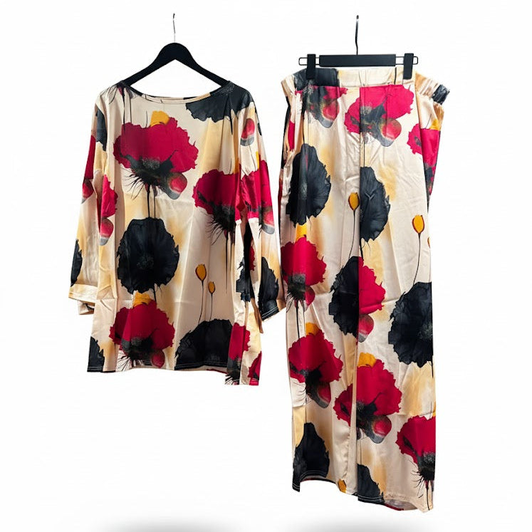 Women's Red and Black Poppy Print Two-Piece Ensemble 54001996