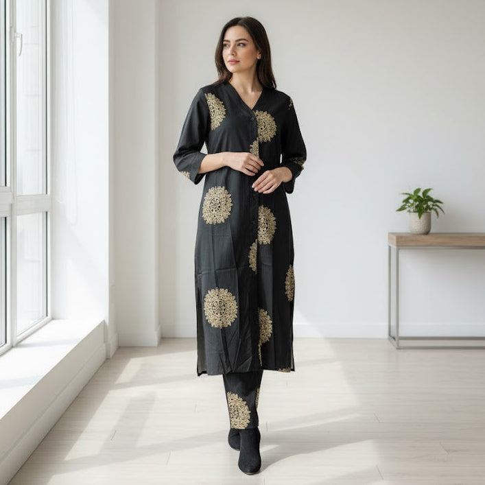 Women's Luxurious Black Co-ord Set with Gold Medallion Print 4800216 Women's Luxurious Black Co-ord Set with Gold Medallion Print 4800216
