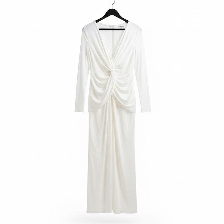 Women's Elegant Ivory Maxi Dress with Ruched Twist Party Wear S5076786 - TUZZUT Qatar Online Shopping