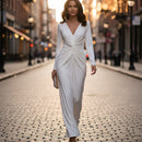 Women's Elegant Ivory Maxi Dress with Ruched Twist Party Wear S5076786 - TUZZUT Qatar Online Shopping