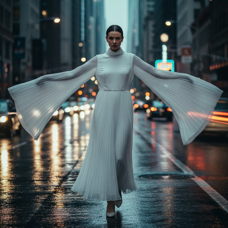 Women's Dramatic White Maxi Dress with Bell Sleeves S5093131 - TUZZUT Qatar Online Shopping