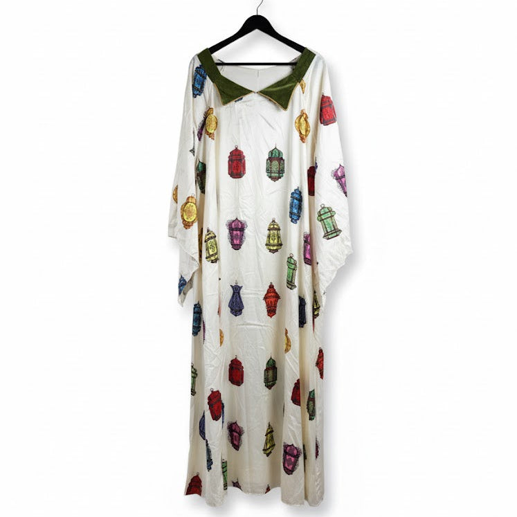 Women's Elegant Long Kaftan with Contrast Velvet Collar S5096830