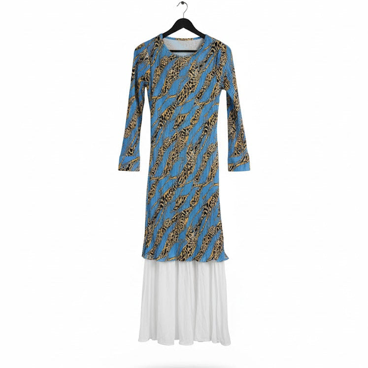 Women's Layered Pleat Maxi Dress with Contrast Print 099735 Women's Layered Pleat Maxi Dress with Contrast Print 099735