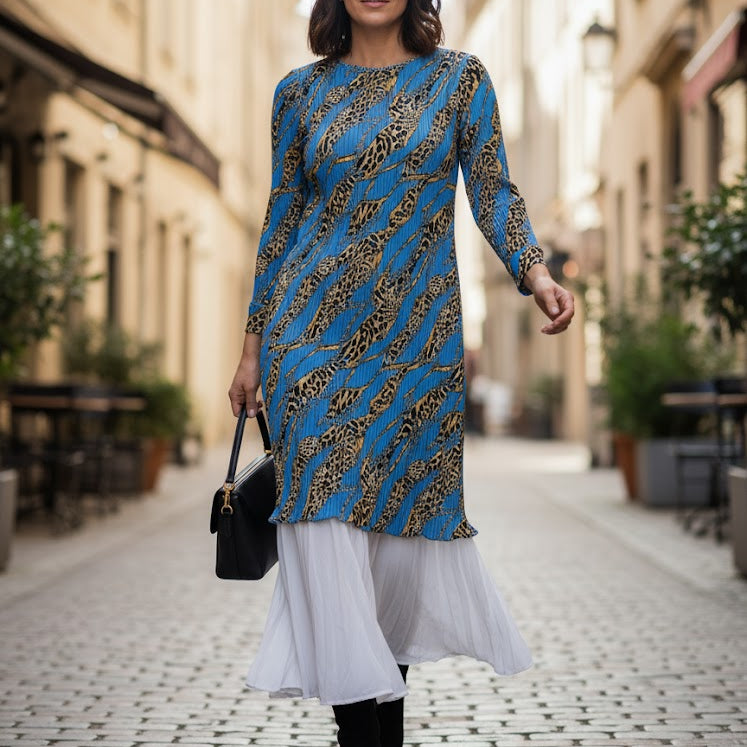 Women's Layered Pleat Maxi Dress with Contrast Print 099735 Women's Layered Pleat Maxi Dress with Contrast Print 099735
