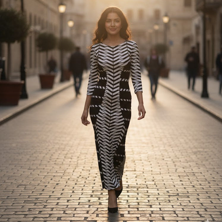 Women's Flattering V-Neck Three-Quarter Sleeve Print Gown S5096829 - TUZZUT Qatar Online Shopping