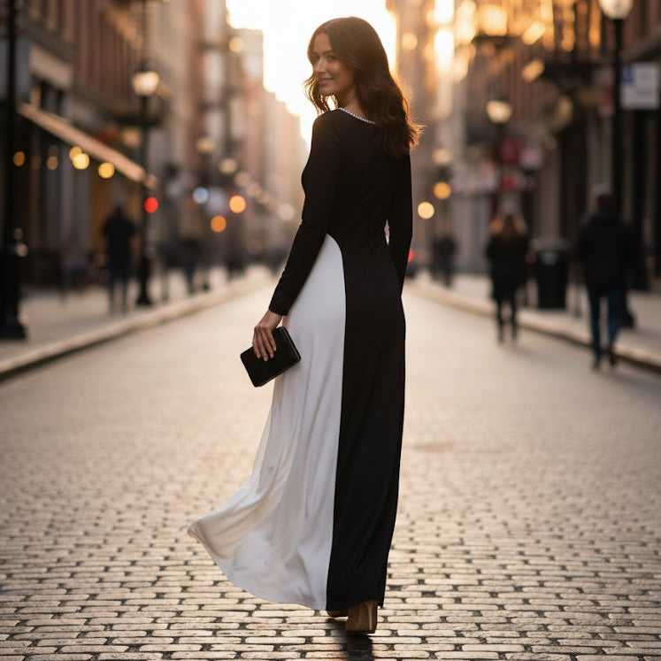 Women's Modern Black Gown with Contrast White Panel S4969399 - TUZZUT Qatar Online Shopping