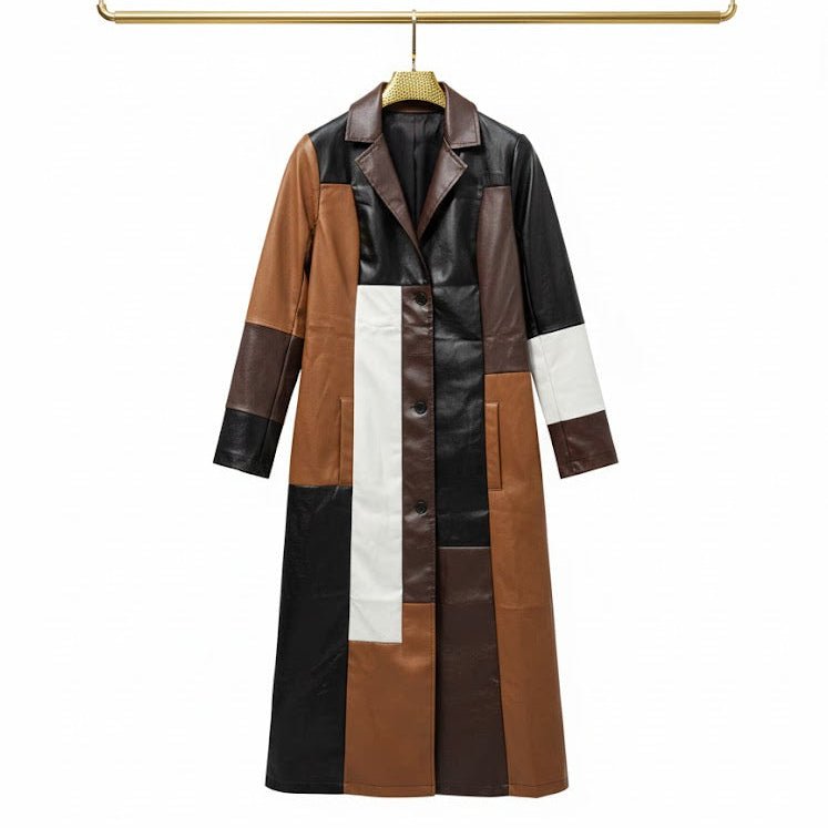 Womens winter long-line jacket redefines street style Patchwork Coat 887036