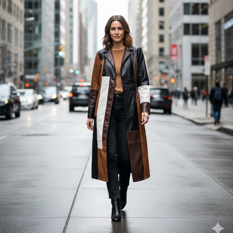 Womens winter long-line jacket redefines street style Patchwork Coat 887036