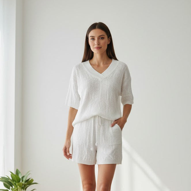 Women's Short-Sleeve V-Neck Top & Drawstring Shorts 787900