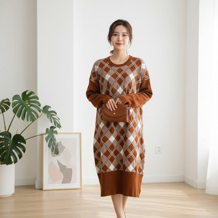 Women's Winter Cozy Argyle Knit Tunic Dress 454989 Women's Winter Cozy Argyle Knit Tunic Dress 454989