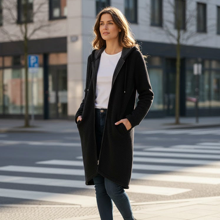 Women's Textured Black Zip-Up Knit Duster Coat 2870031