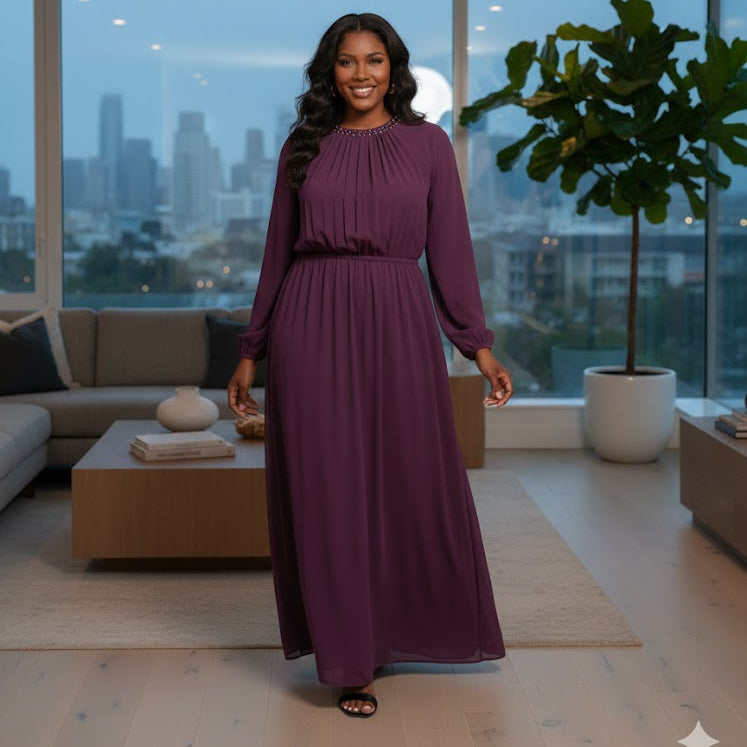 Women's Elegant Plum Maxi Dress with Beaded Neckline 800227 Women's Elegant Plum Maxi Dress with Beaded Neckline 800227