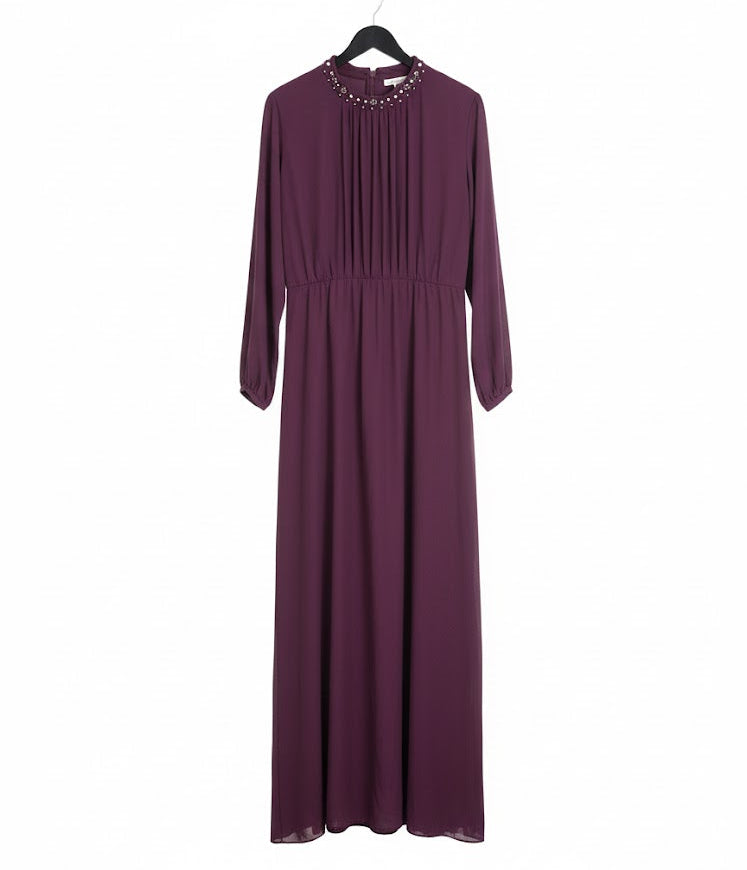 Women's Elegant Plum Maxi Dress with Beaded Neckline 800227