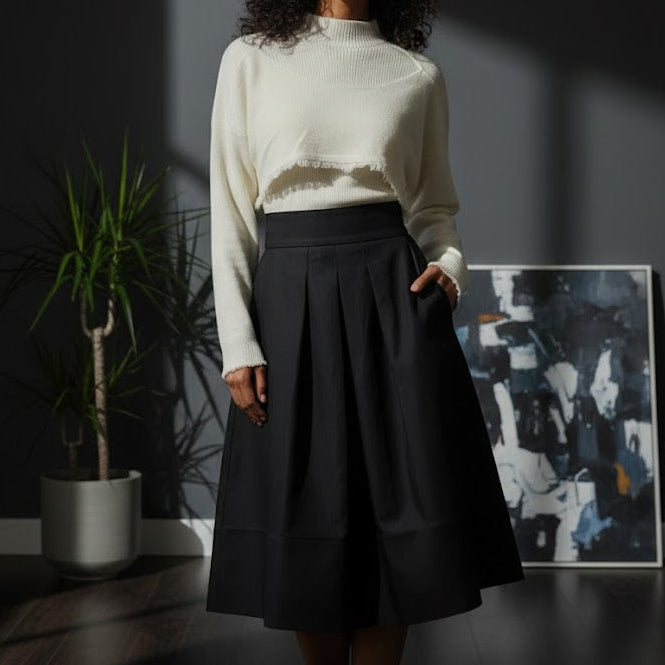 Women's 2 Pcs Monochrome Style Cropped Knit Sweater and Midi Skirt 349332