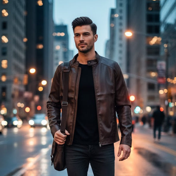 Men's Deep Brown Faux Leather Moto Jacket J45781 Men's Deep Brown Faux Leather Moto Jacket J45781