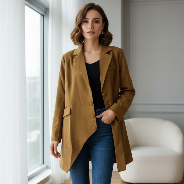 Women's Mustard Asymmetrical Button Oversized Blazer Coat 337497 Women's Mustard Asymmetrical Button Oversized Blazer Coat 337497