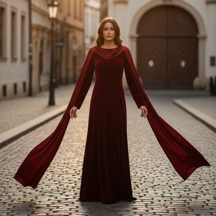 Women’s Velvet Gown Maxi Dress with Integrated Shawl Sleeves Party Wear S5146241
