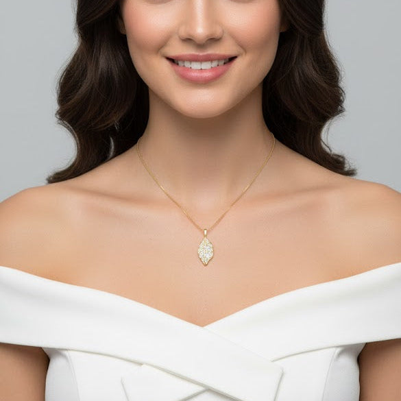 CZ Pave Leaf Pendant Gold Necklace LK898