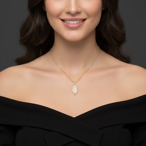 CZ Pave Leaf Pendant Gold Necklace LK898