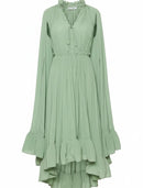 Big Swing Irregular Ruffles Party Maxi Dresses for Women Cape Sleeve Spliced Lace Up Pleated Dress   07060035