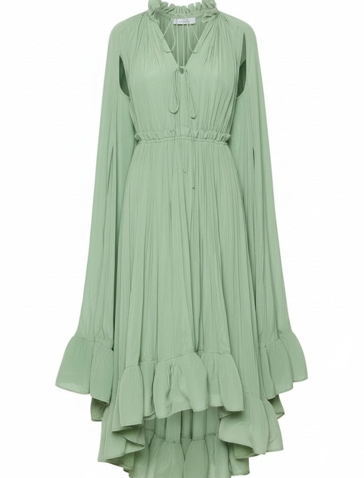 Big Swing Irregular Ruffles Party Maxi Dresses for Women Cape Sleeve Spliced Lace Up Pleated Dress   07060035