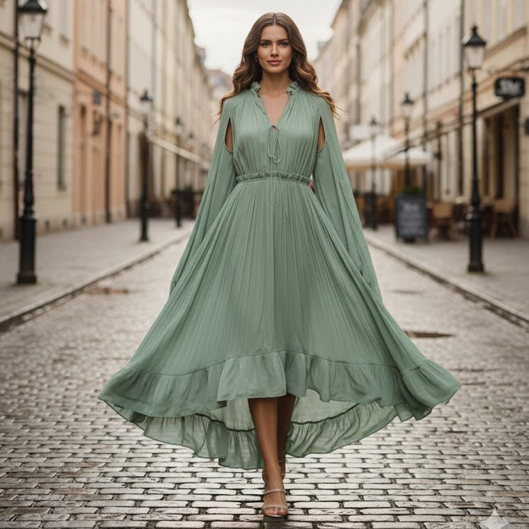 Big Swing Irregular Ruffles Party Maxi Dresses for Women Cape Sleeve Spliced Lace Up Pleated Dress   07060035