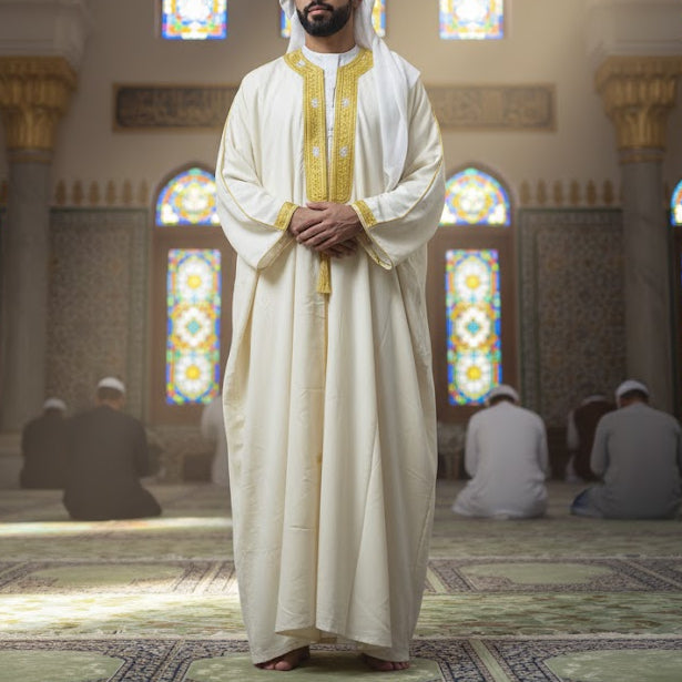Arabian Men's Premium Cream/Off-White Bisht with Gold Embroidery B-329820 Arabian Men's Premium Cream/Off-White Bisht with Gold Embroidery B-329820