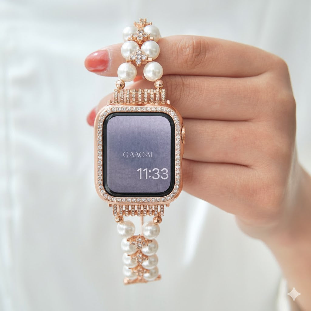 Stylish Double Row Pearl & Diamond Watch Strap For Women B-248448 Stylish Double Row Pearl & Diamond Watch Strap For Women B-248448